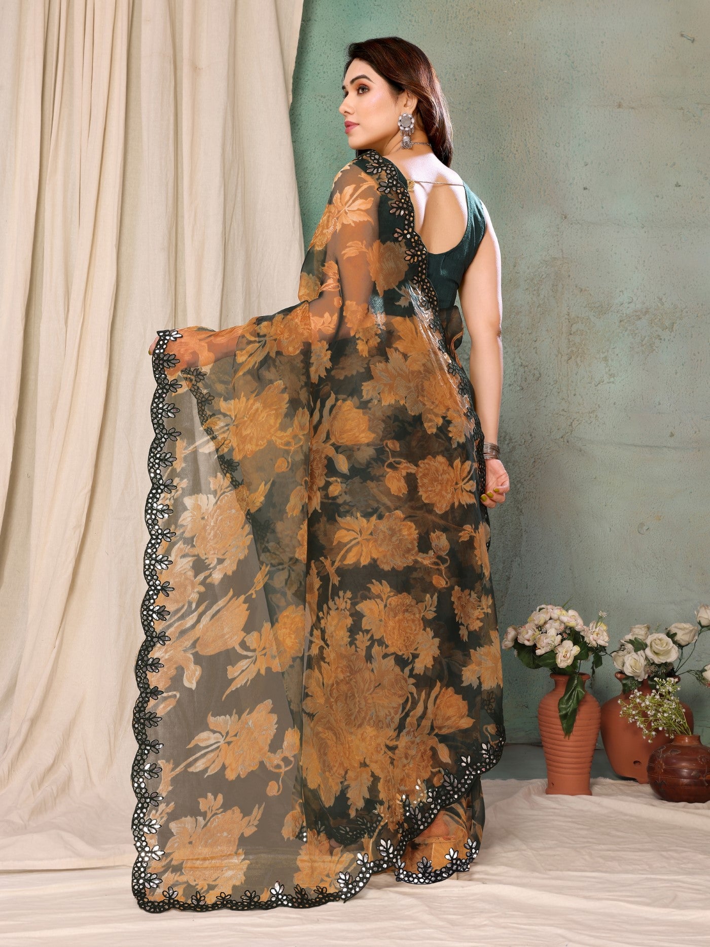 Green Organza Saree with Fancy Printed Design