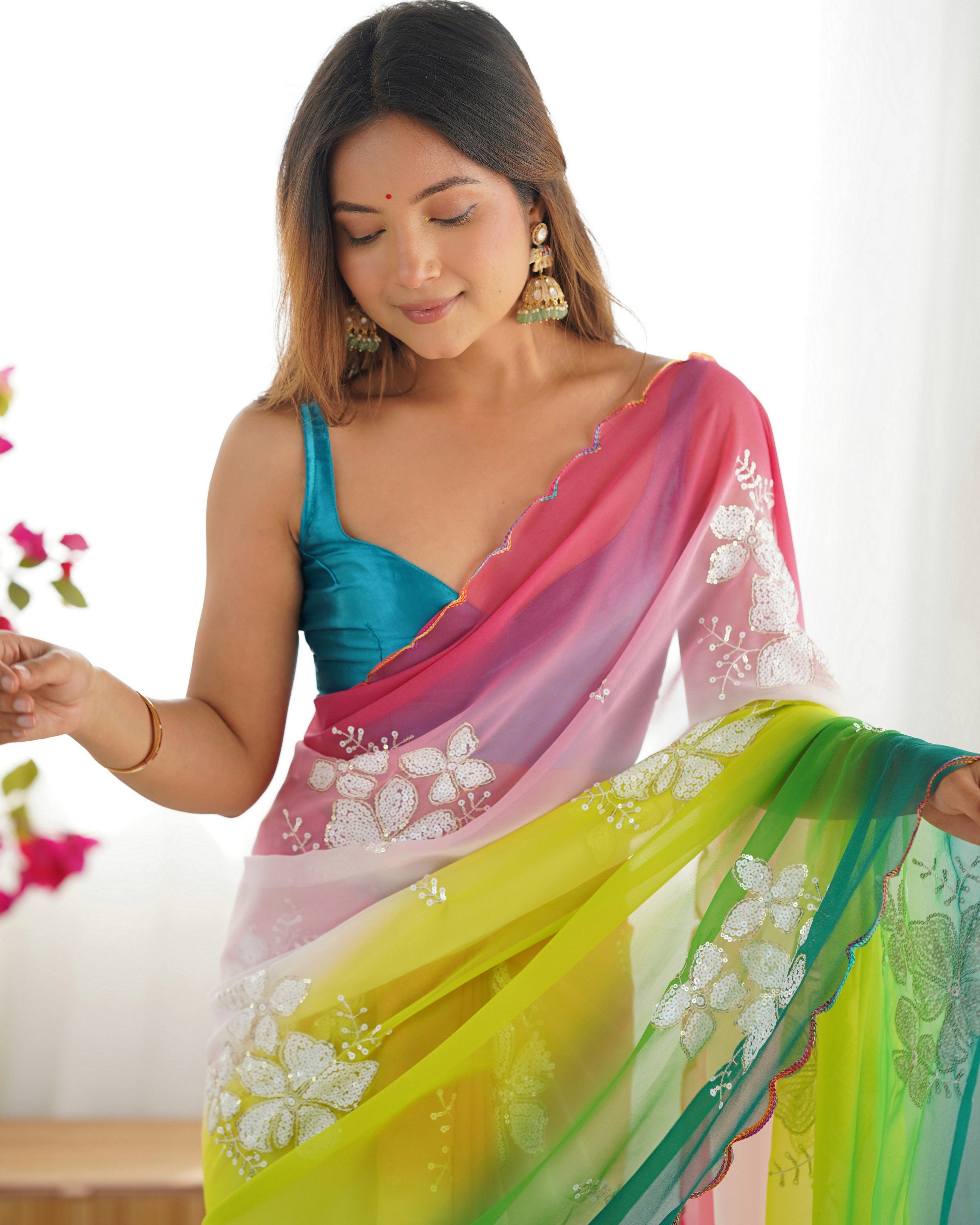 Green Padding Georgette Sequins Embroidered Saree