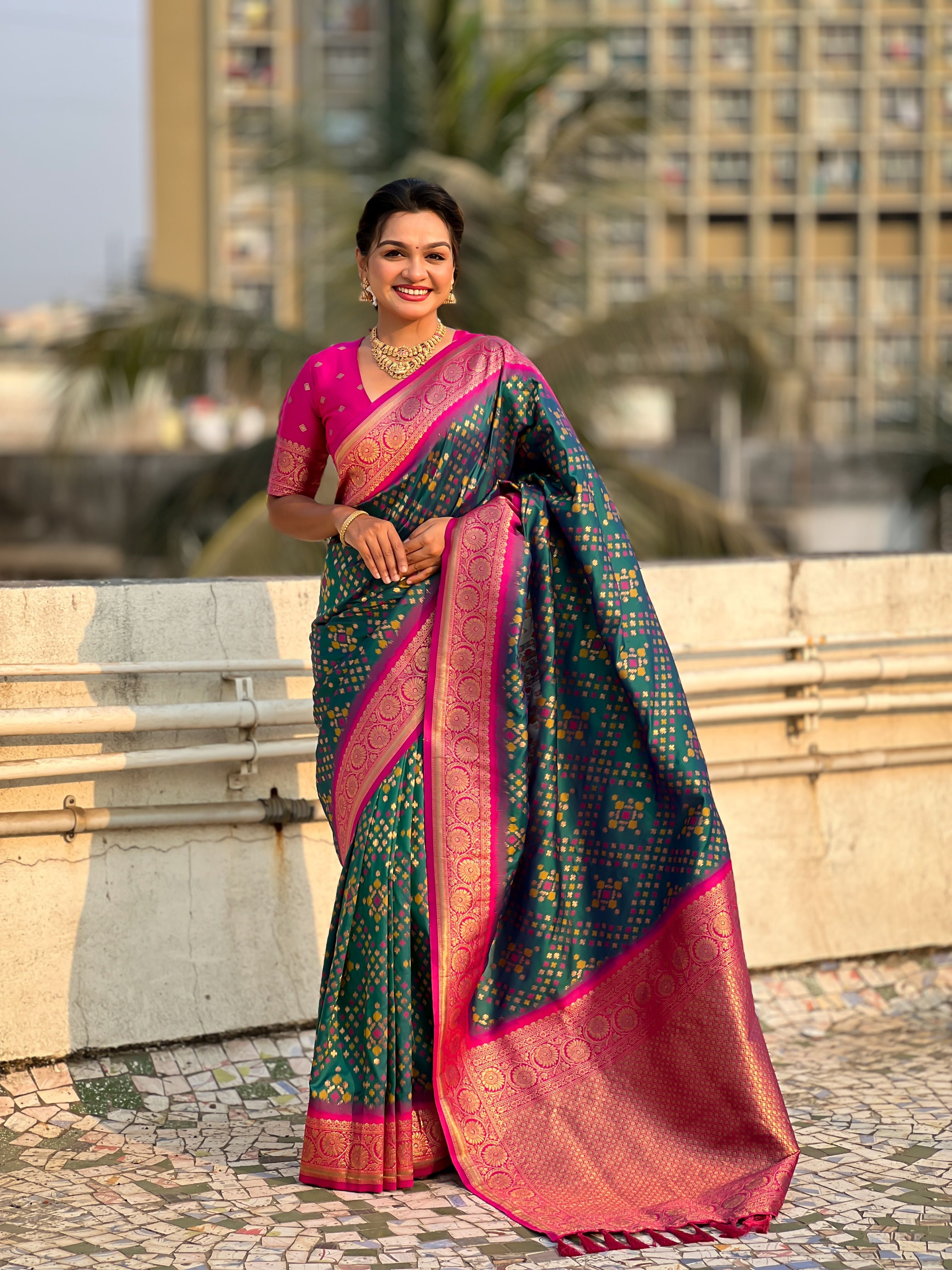 Green Patola Silk Weaving Ikkat Meenakari Designer Graceful Ceremonial Saree
