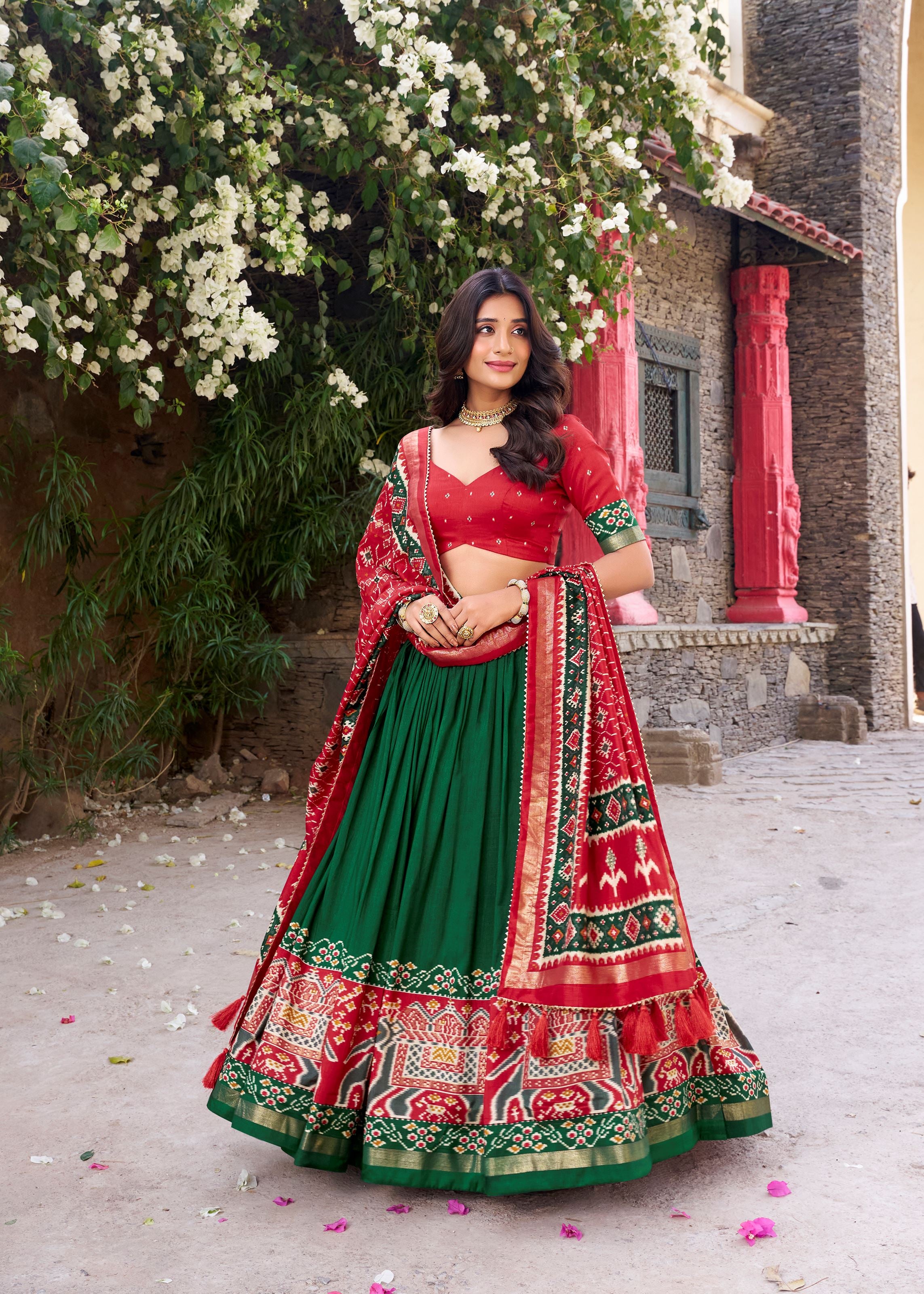 Green Perfection Patola Printed Tussar Silk Lehenga with Foil Highlights
