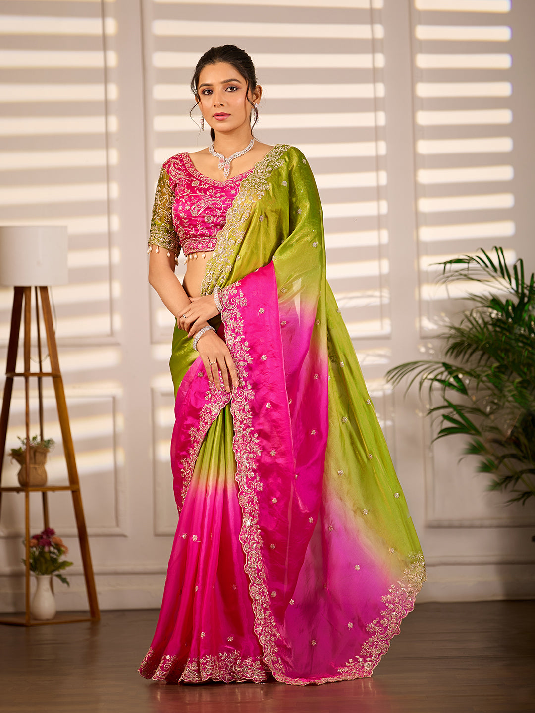 Green Pink Dual Tone Satin Silk Saree With Sequins Work