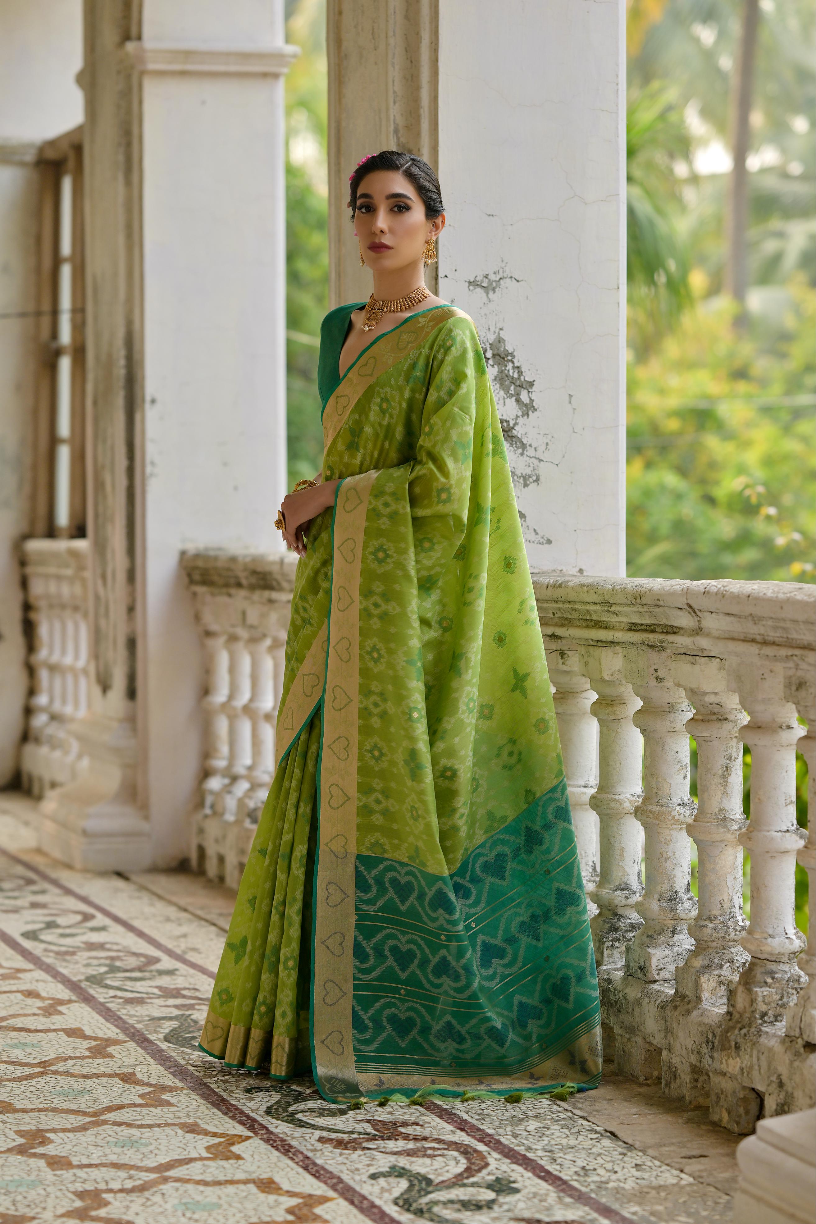 Green Raw Silk Woven Ikat Designer Ceremonial Saree