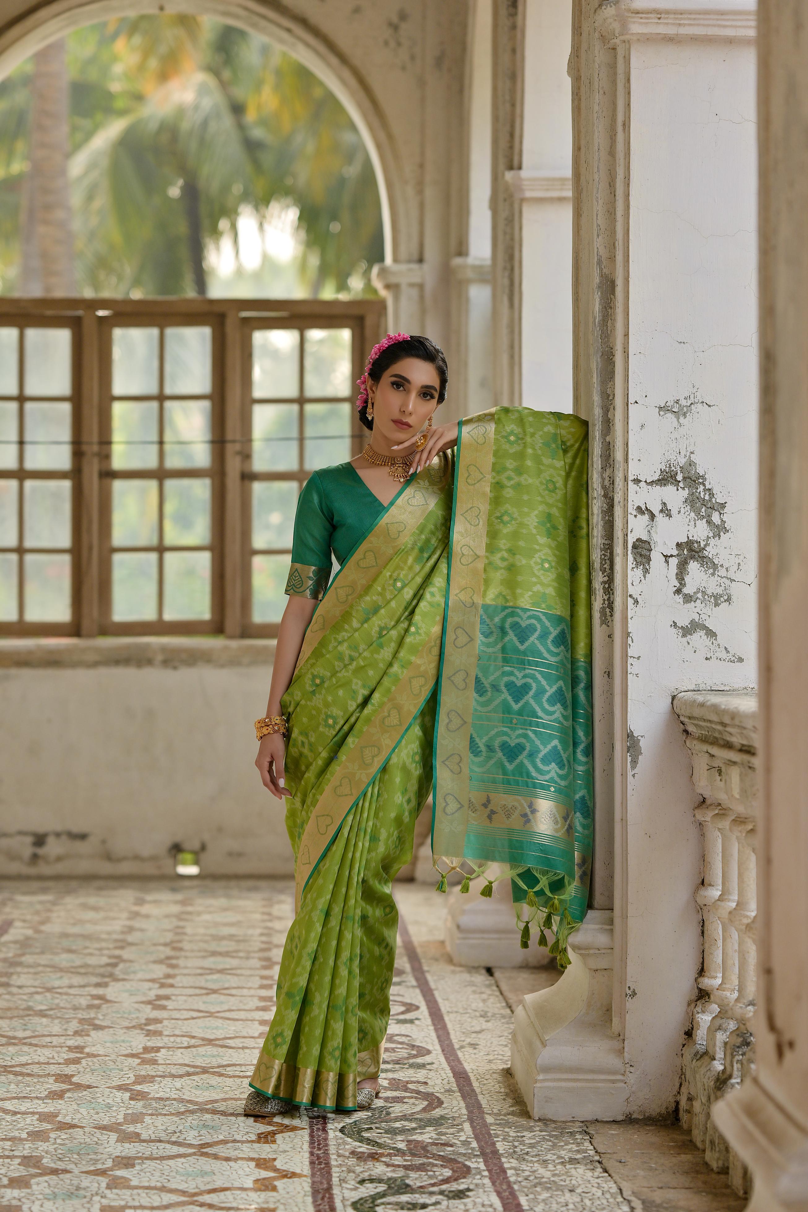 Green Raw Silk Woven Ikat Designer Ceremonial Saree