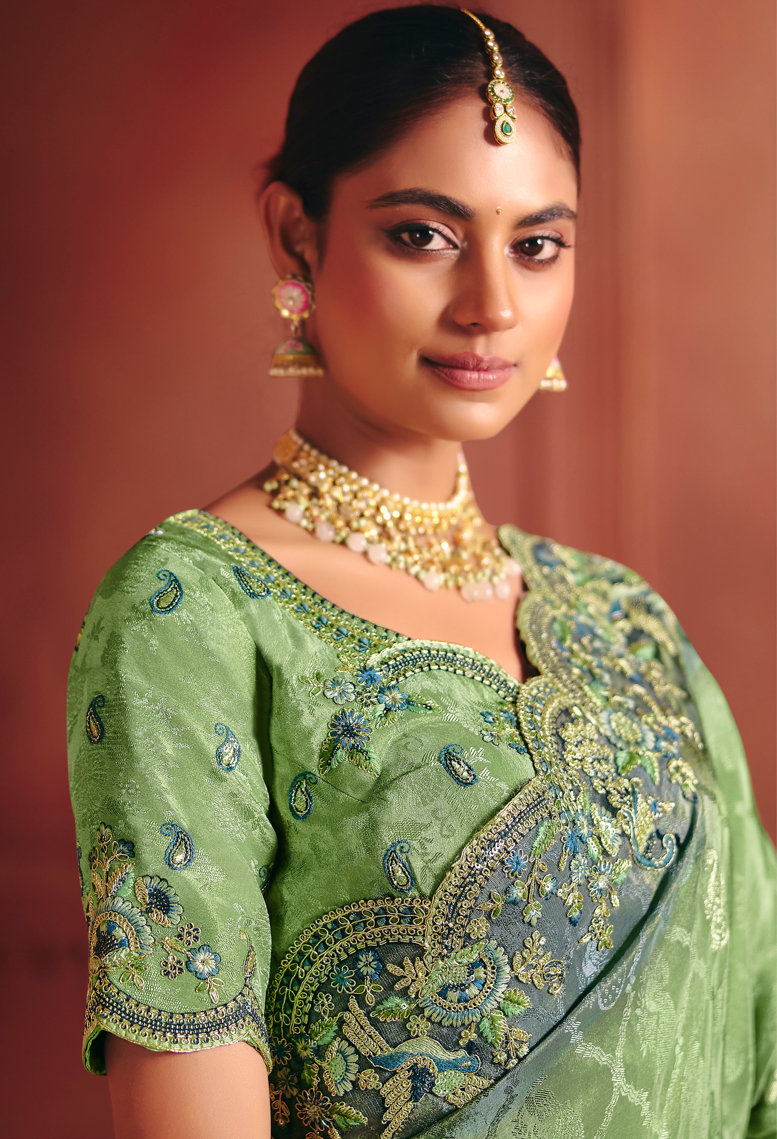 Green Saree With  Heavy Embroidery, Sequin, Thread Work With Heavy Embroidery Work Blouse