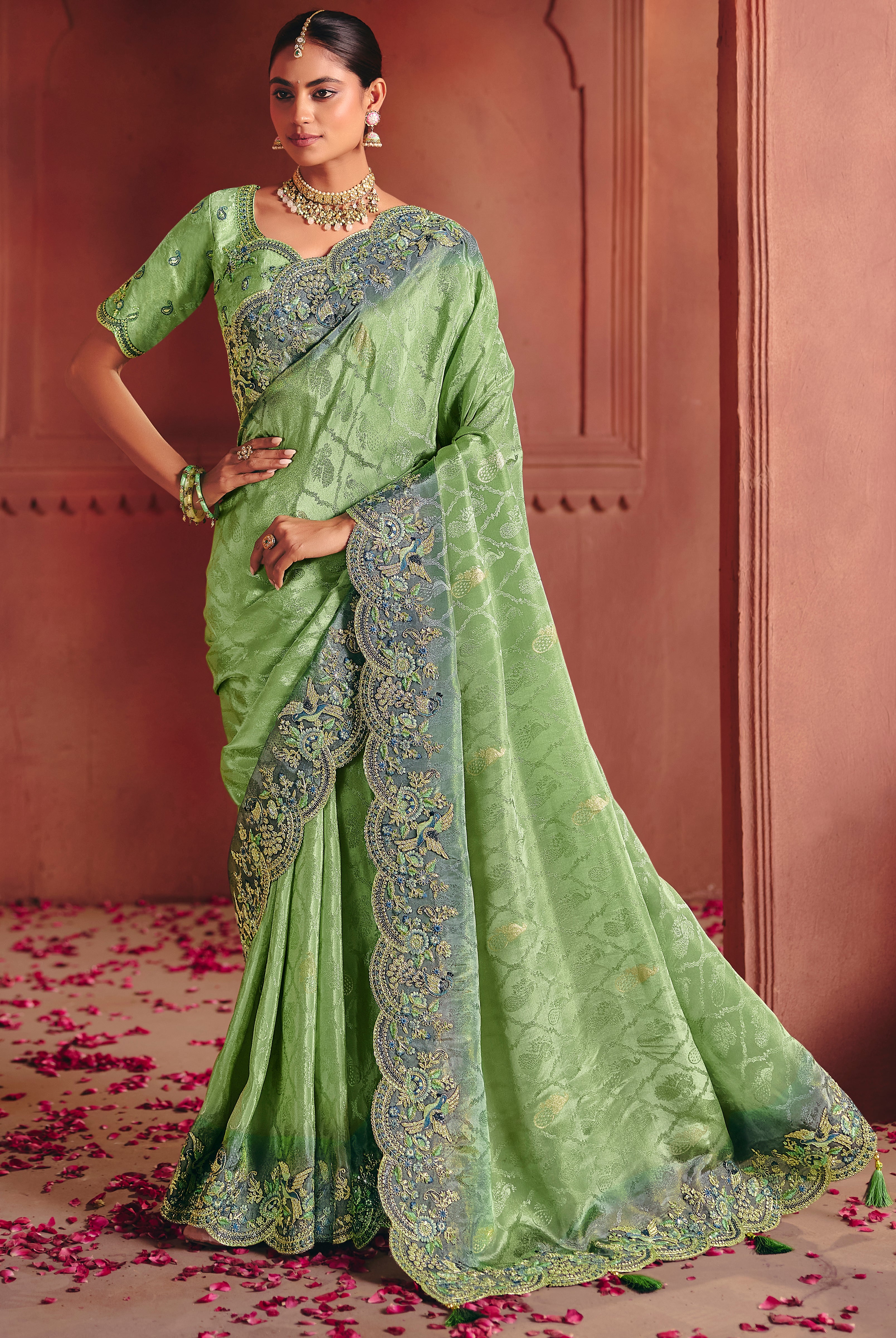 Green Saree With  Heavy Embroidery, Sequin, Thread Work With Heavy Embroidery Work Blouse