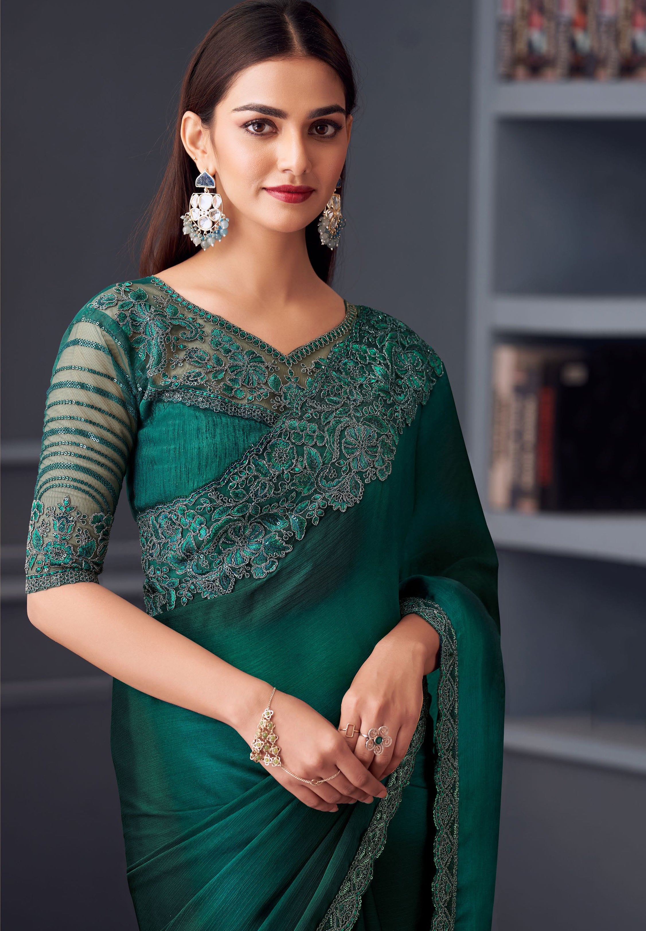 Green Saree With  Heavy Thread Embroidery Sequins Work