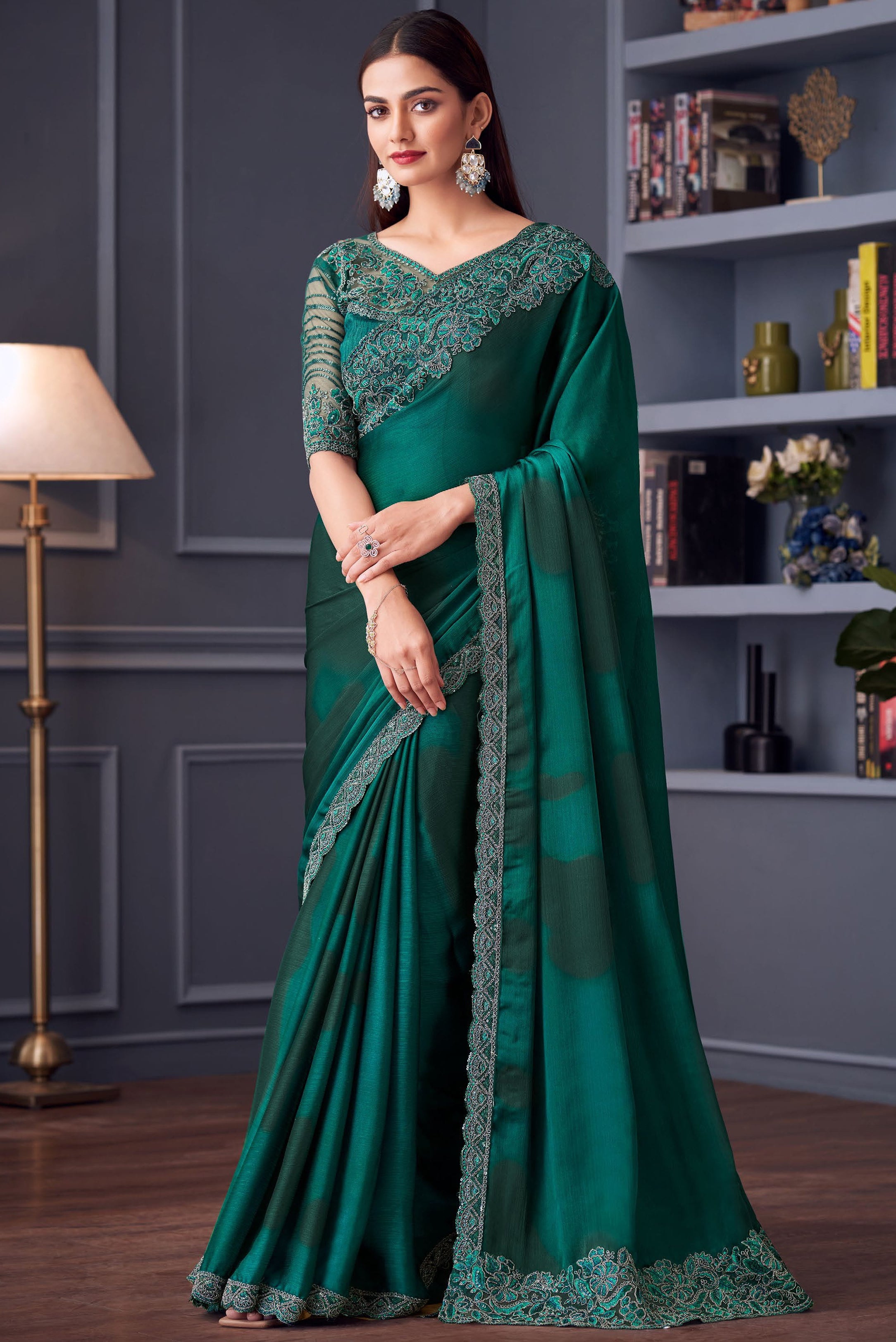 Green Saree With  Heavy Thread Embroidery Sequins Work