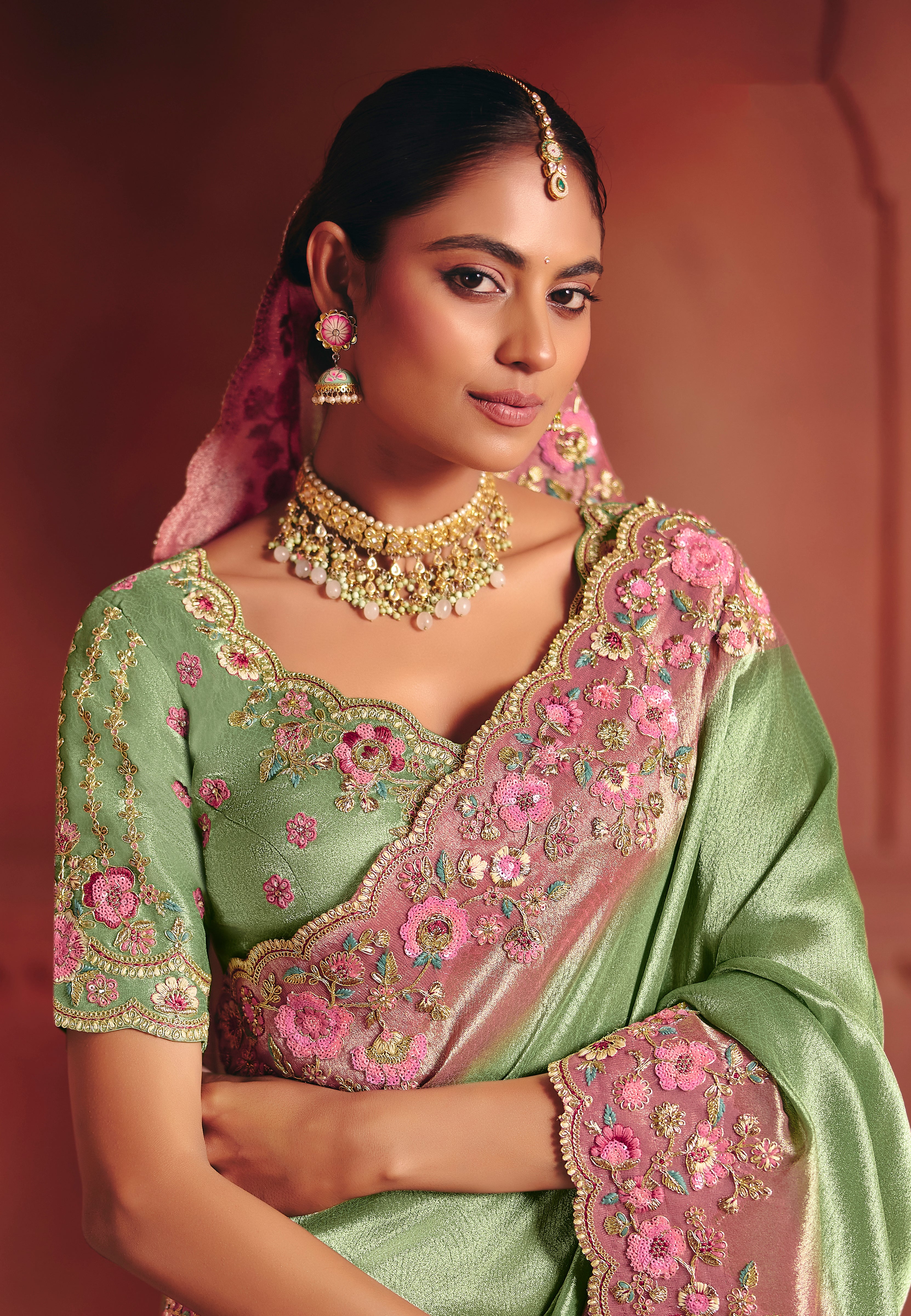 Green Saree With  Sequin, Thread, Weaving Heavy Embroidery Work  With Heavy Embroidery Work Blouse