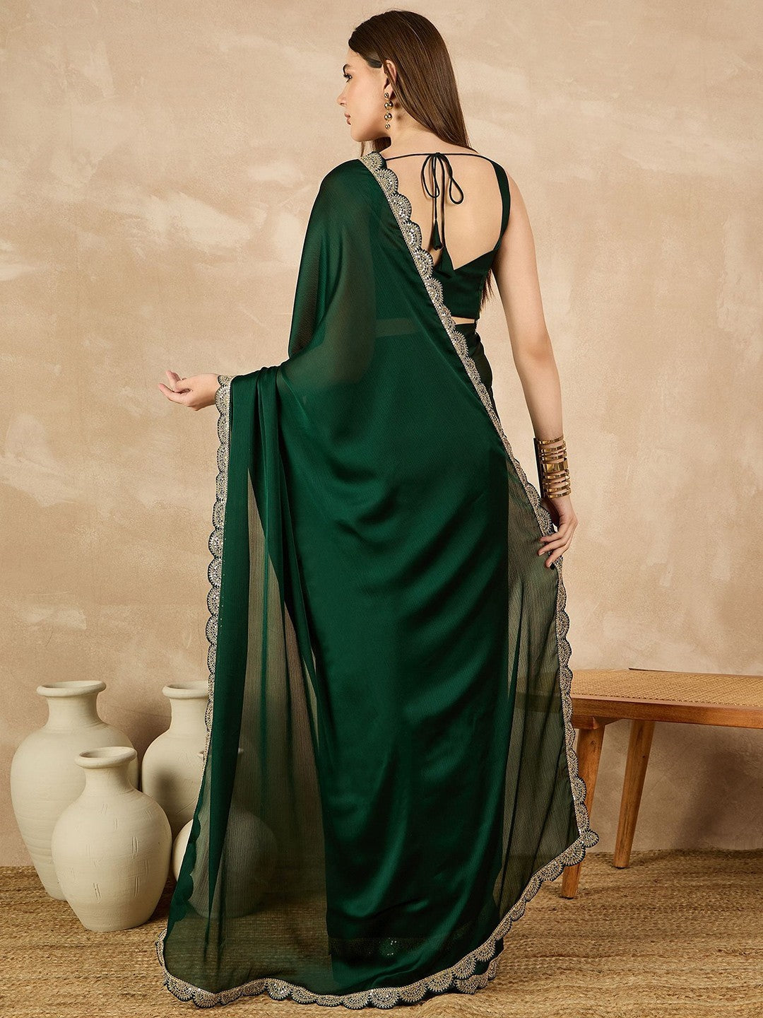 Green Satin Chiffon Saree With Plain Saree With Embroidery Cut Work Lace