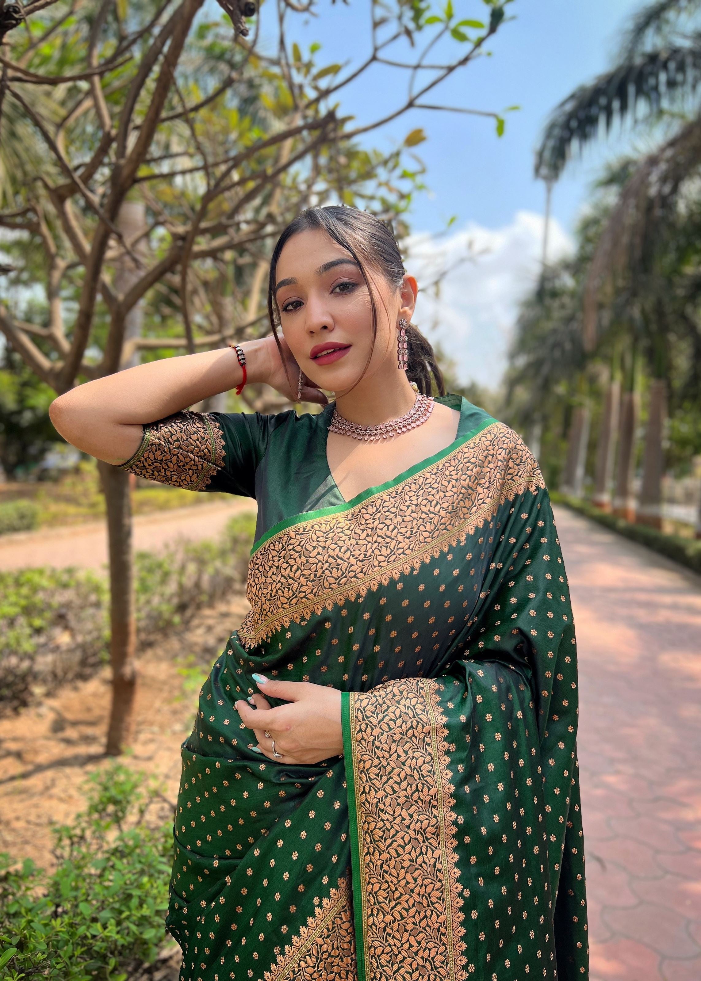 Green Satin Saree With Woven Work