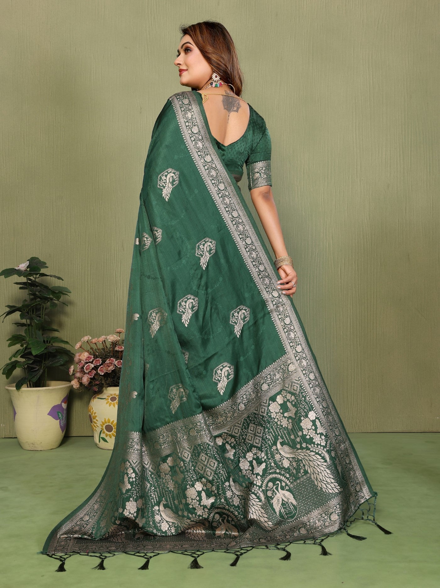 Green Satin Silk Saree With Premium Zari Weaving Butta