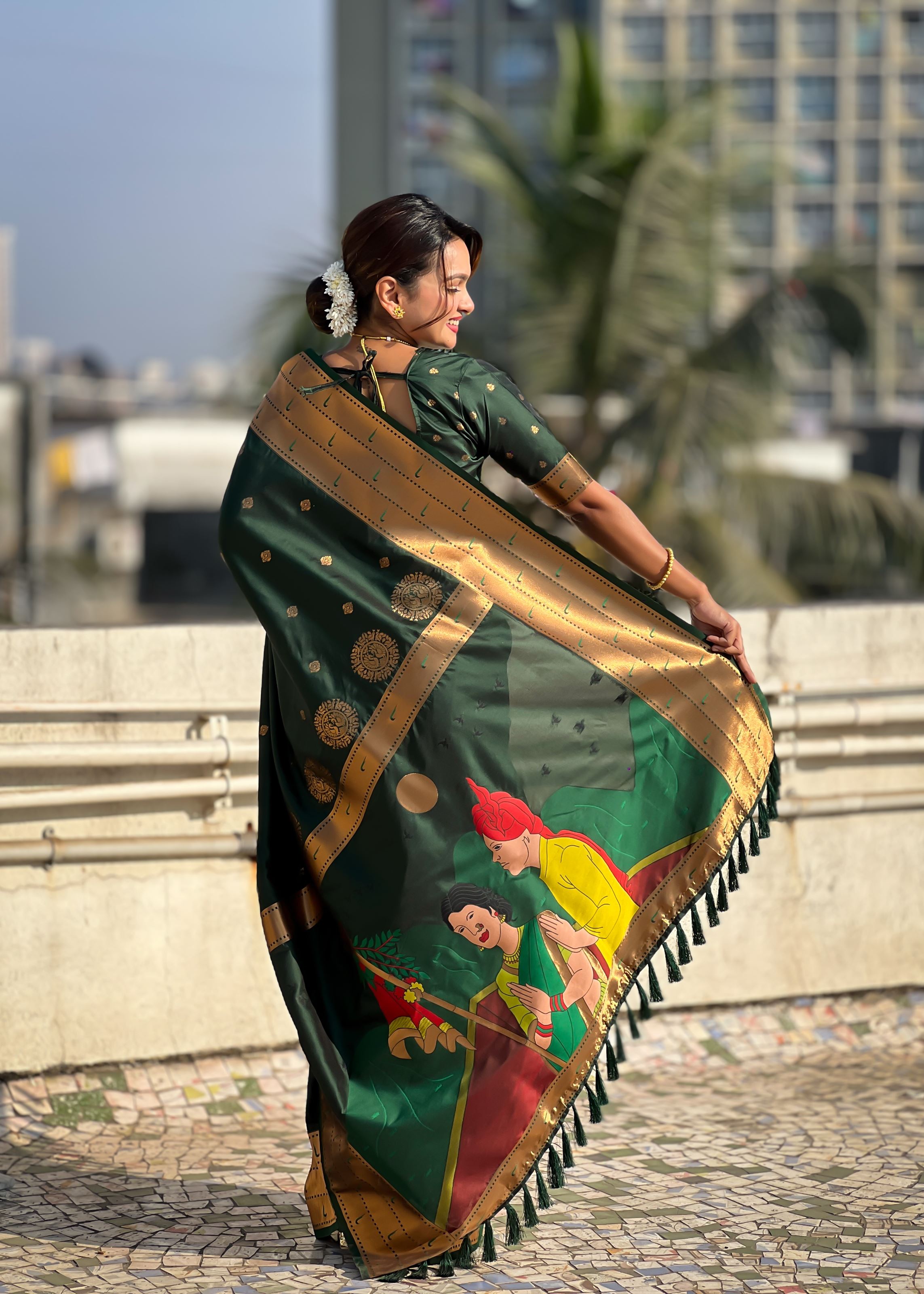 Green Silk Blend Paithani Saree With Gudi Padwa Print