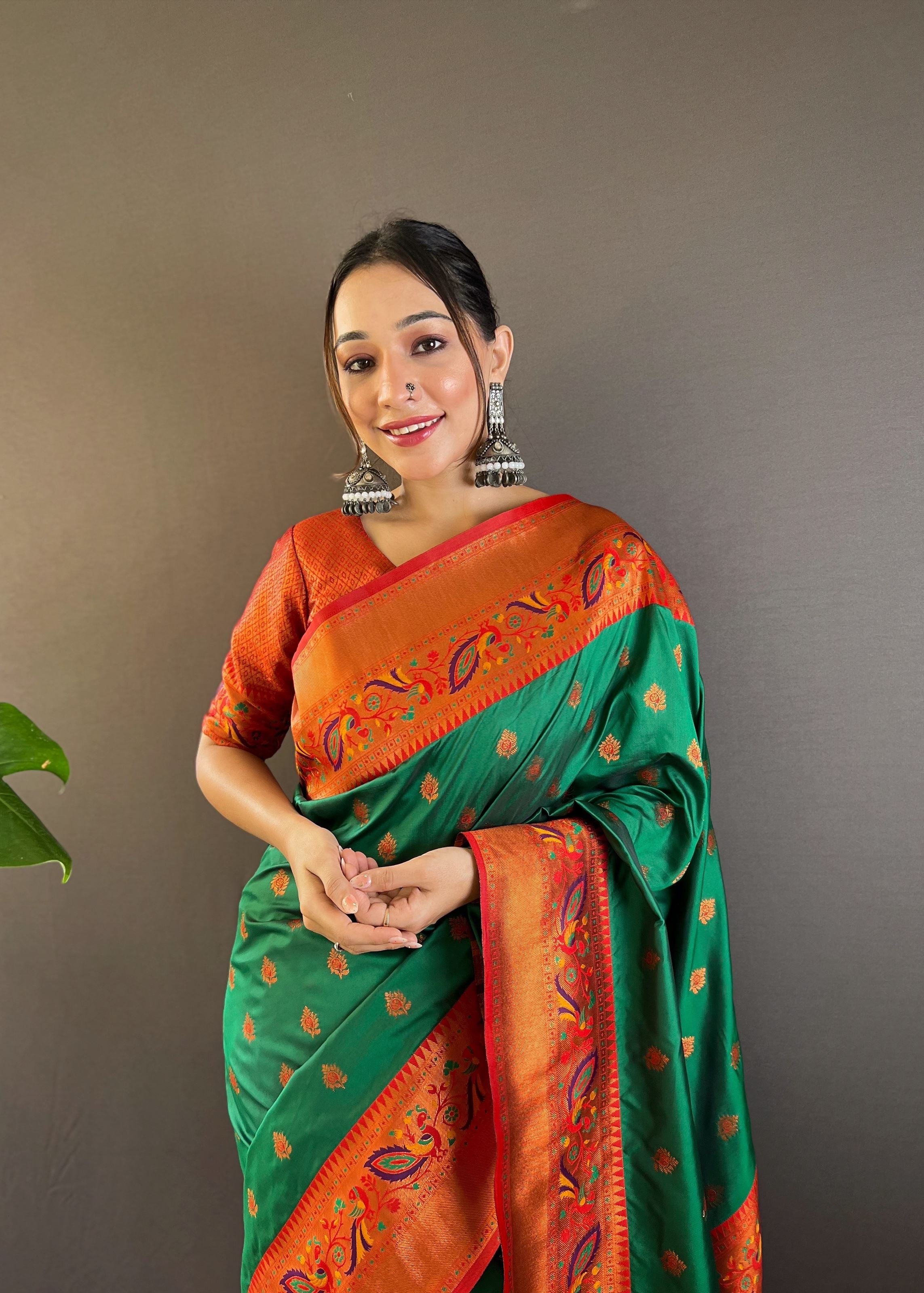 Green Silk Blend Paithani Saree