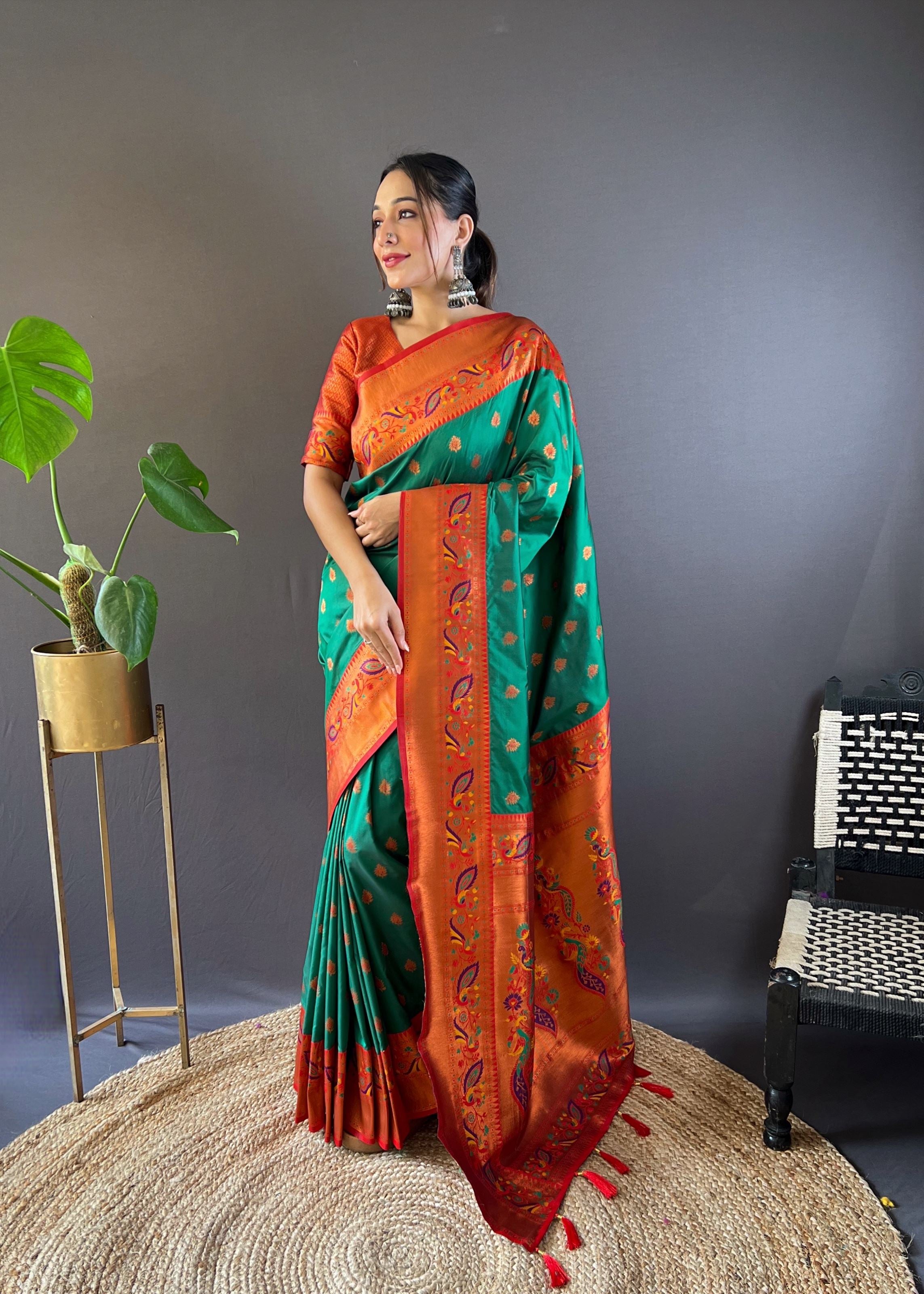 Green Silk Blend Paithani Saree