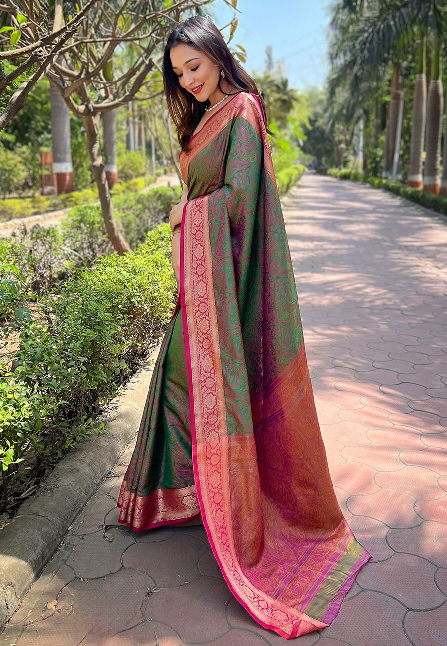 Green Silk Blend Saree With Zari and Woven Work