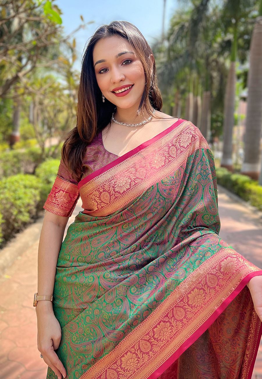 Green Silk Blend Saree With Zari and Woven Work
