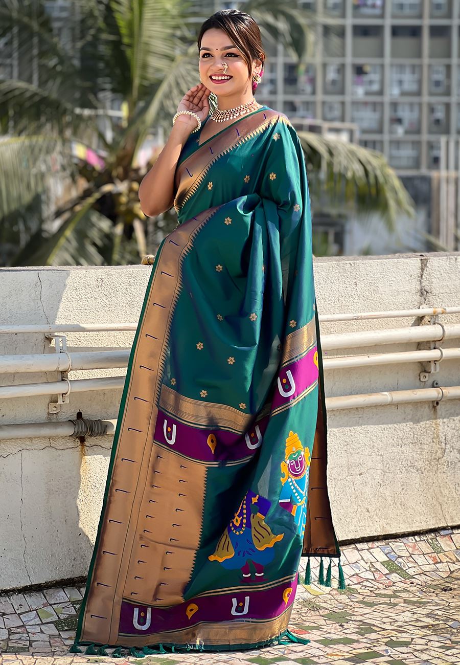 Green Silk Blend Vitthala God Paithani Silk Saree