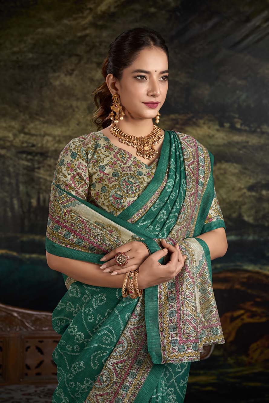 Green Silk Saree with Madhubani & Bandhej Magic