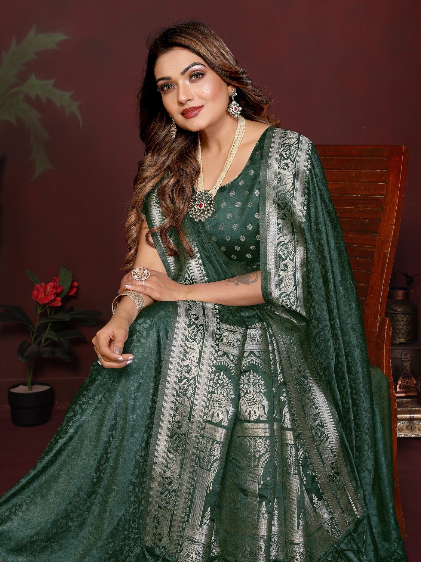 Green Soft Satin Silk Saree With Zari Weaving