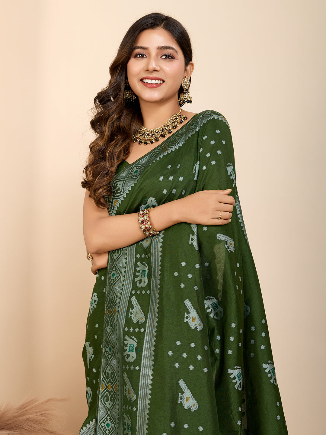 Green Soft Silk Woven Meenakari Designer Ceremonial Saree