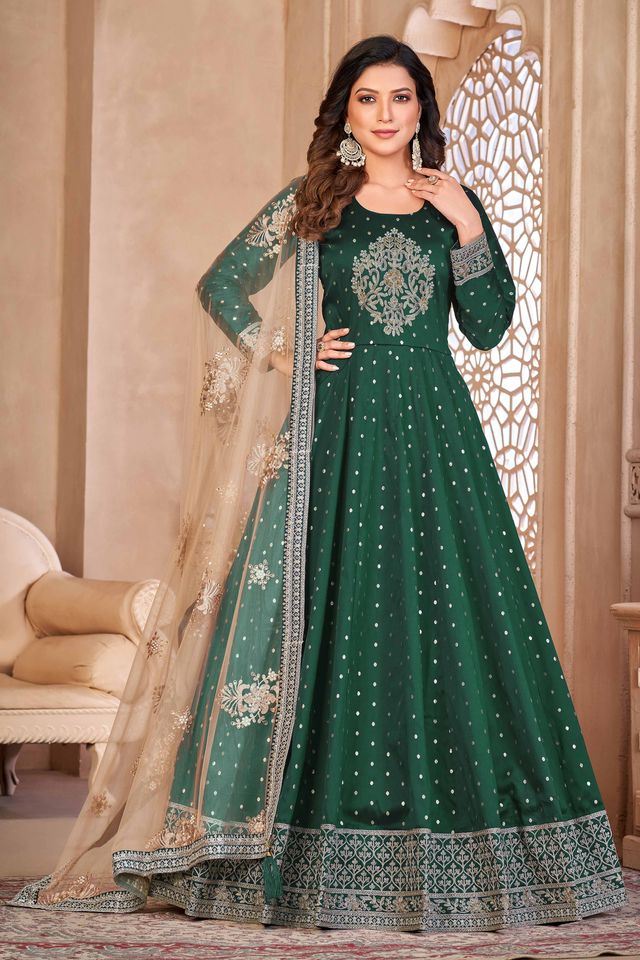 Green Taffeta Butti Heavy Thread Embroidery Sequins Work  Anarkali Suits