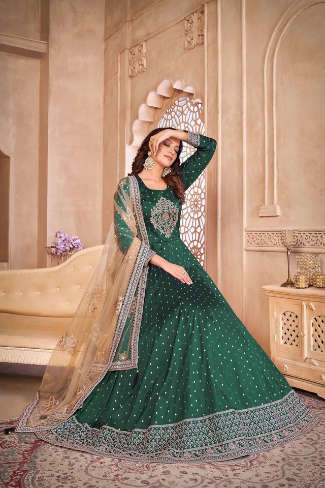 Green Taffeta Butti Heavy Thread Embroidery Sequins Work  Anarkali Suits