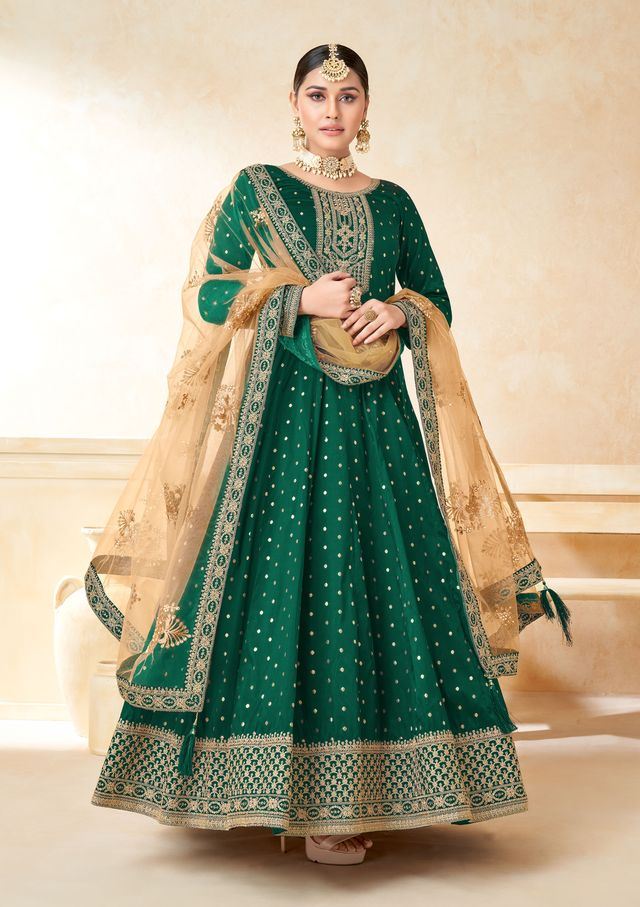 Green Taffeta Butti Heavy Thread Embroidery, Zari With Sequins Work  Anarkali Suits