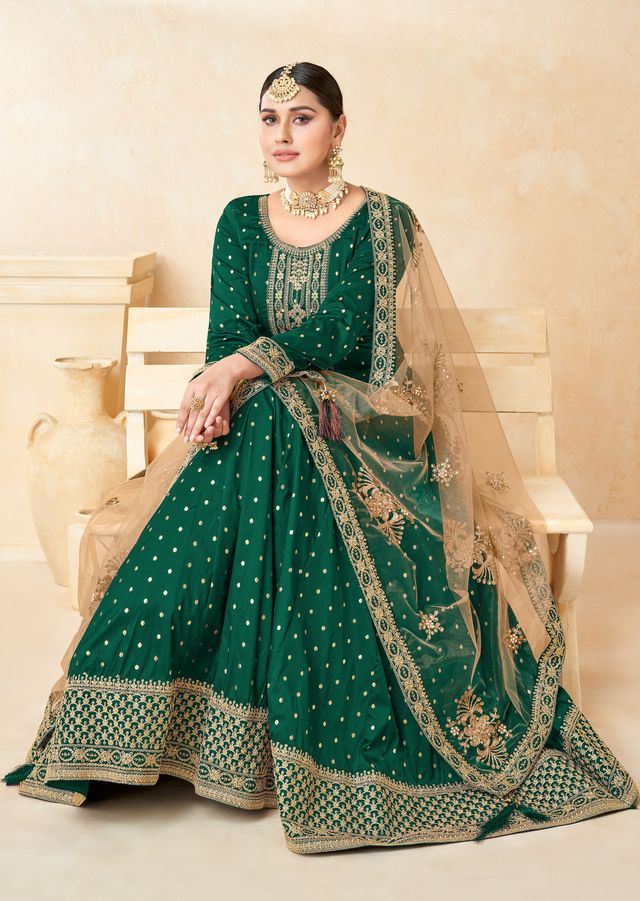 Green Taffeta Butti Heavy Thread Embroidery, Zari With Sequins Work  Anarkali Suits