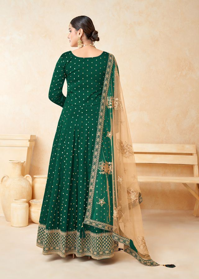 Green Taffeta Butti Heavy Thread Embroidery, Zari With Sequins Work  Anarkali Suits