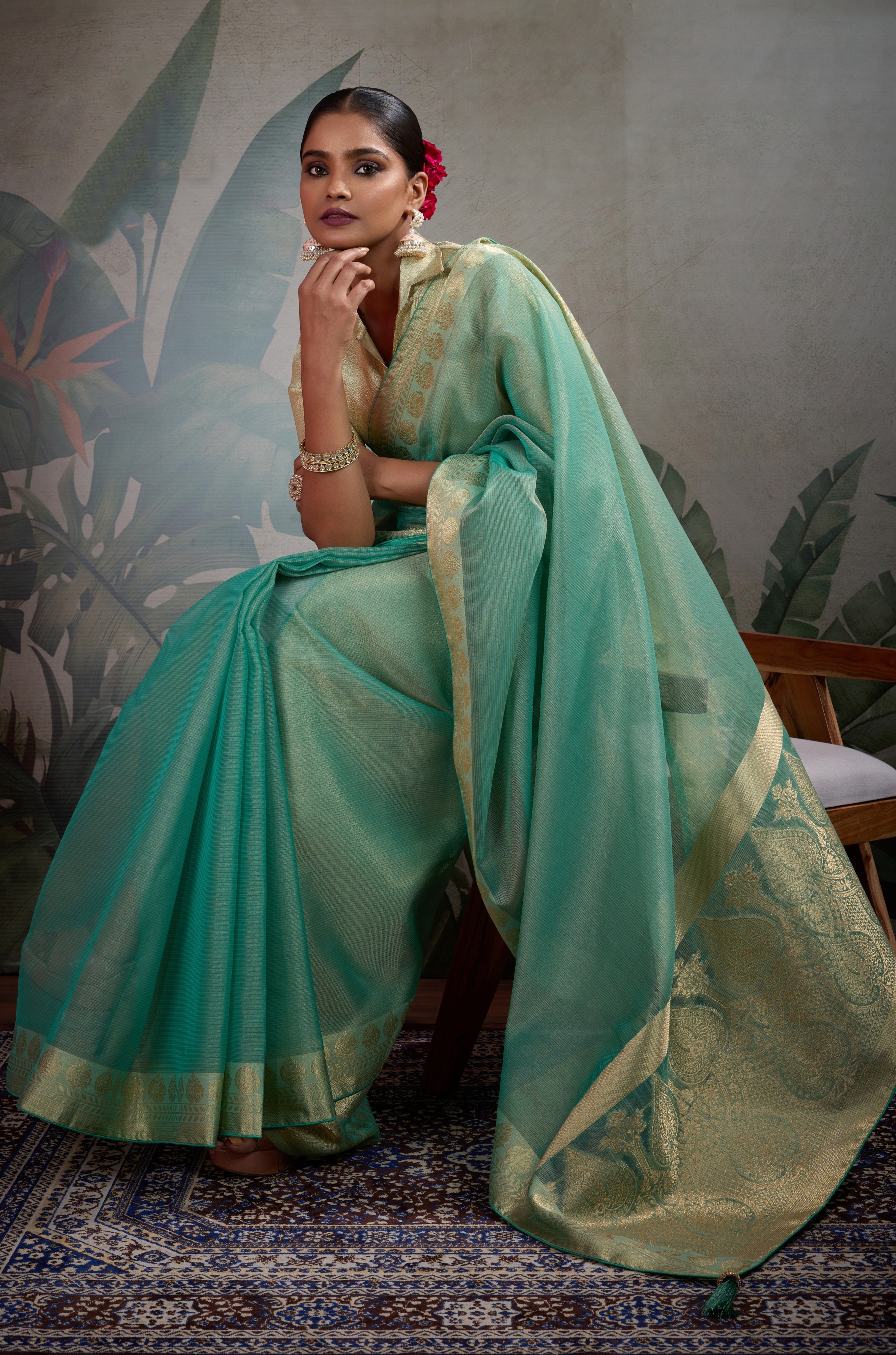 Green Tissue Saree with Woven Patta Work