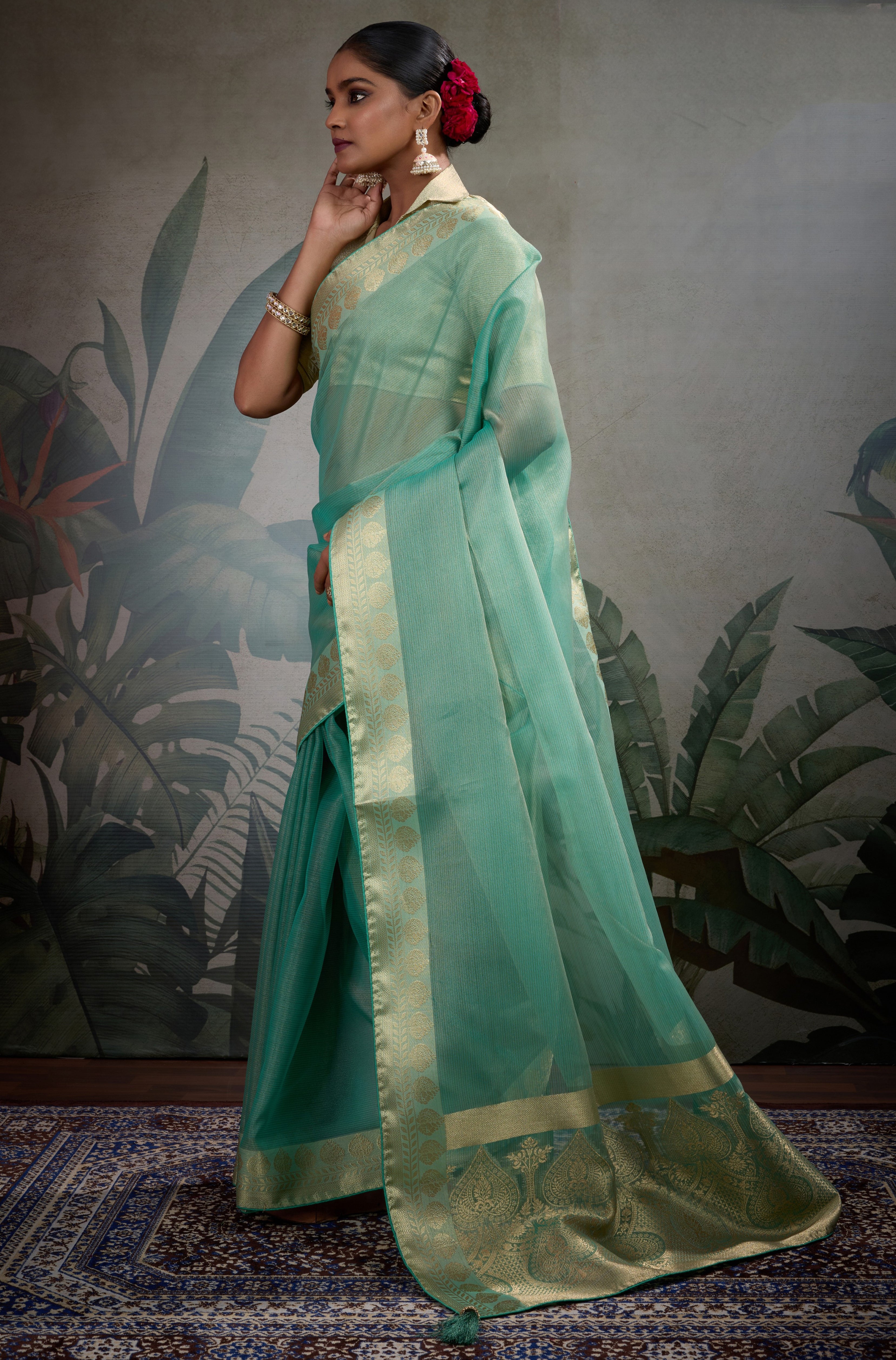 Green Tissue Saree with Woven Patta Work
