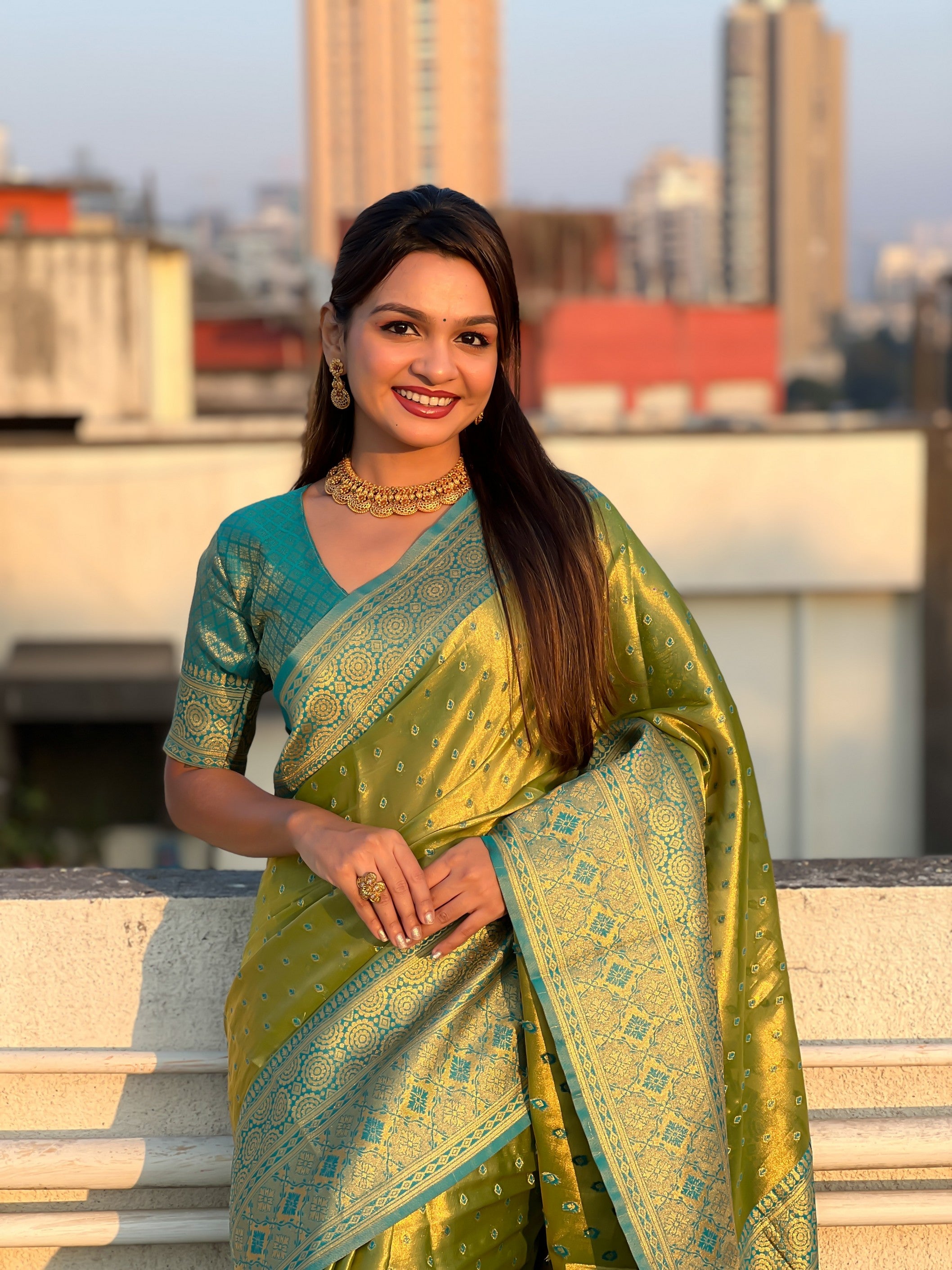 Green Tissue Silk Heavy Woven Jari Designer Ethnic Ceremonial Saree