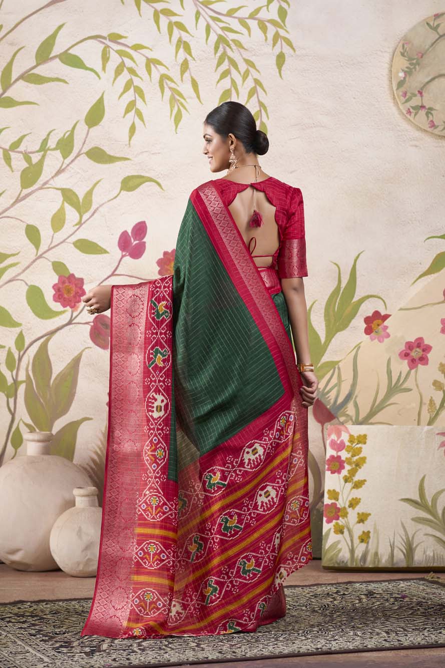 Green Tussar Chex Saree with Patola Print & Weaving Border