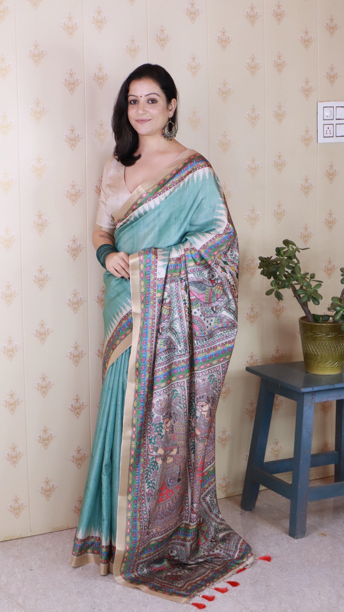 Green Woven Jari Border Designer Madhubani Digital Printed Ethnic Tussar Silk Saree
