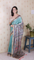 Green Woven Jari Border Designer Madhubani Digital Printed Ethnic Tussar Silk Saree