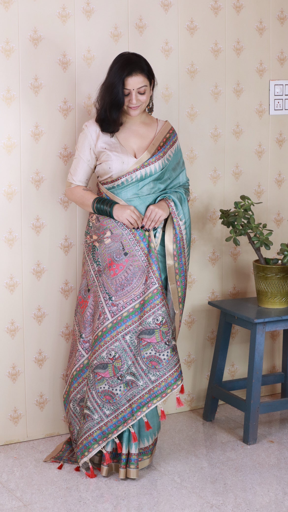 Green Woven Jari Border Designer Madhubani Digital Printed Ethnic Tussar Silk Saree