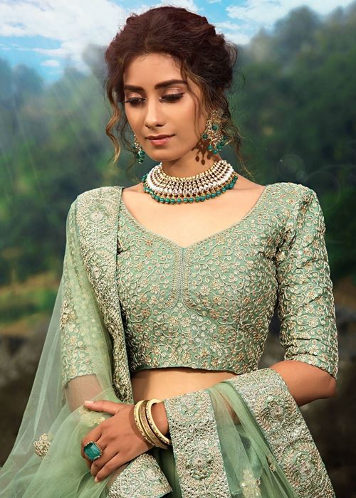 Green Zari Worked Soft Net Wedding Wear Lehenga Choli