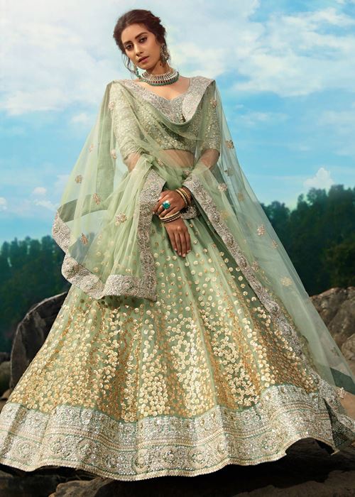 Green Zari Worked Soft Net Wedding Wear Lehenga Choli