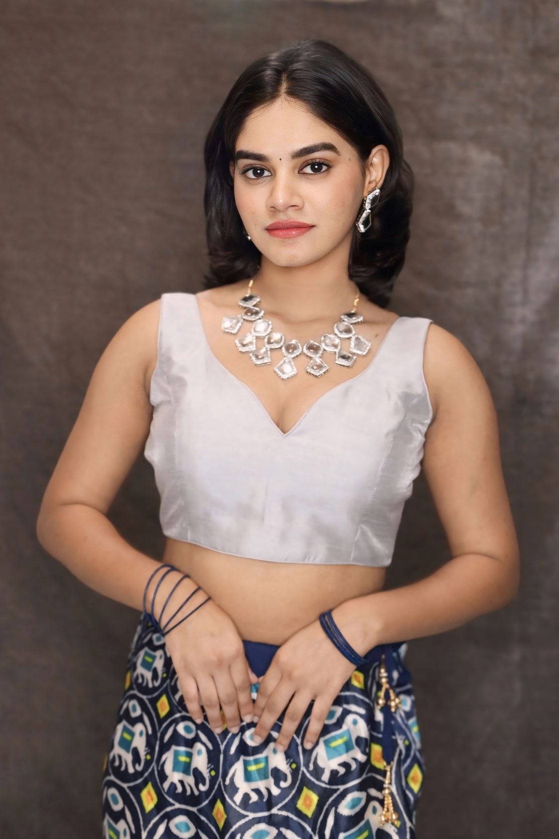Grey  Art Silk Blouse with V Neckline