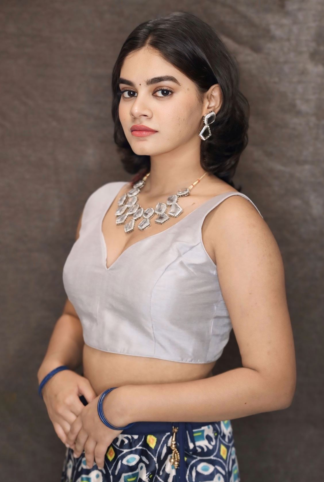 Grey  Art Silk Blouse with V Neckline