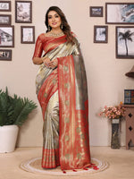 Grey Banarasi Tissue Silk Saree With Woven Paithani Designer