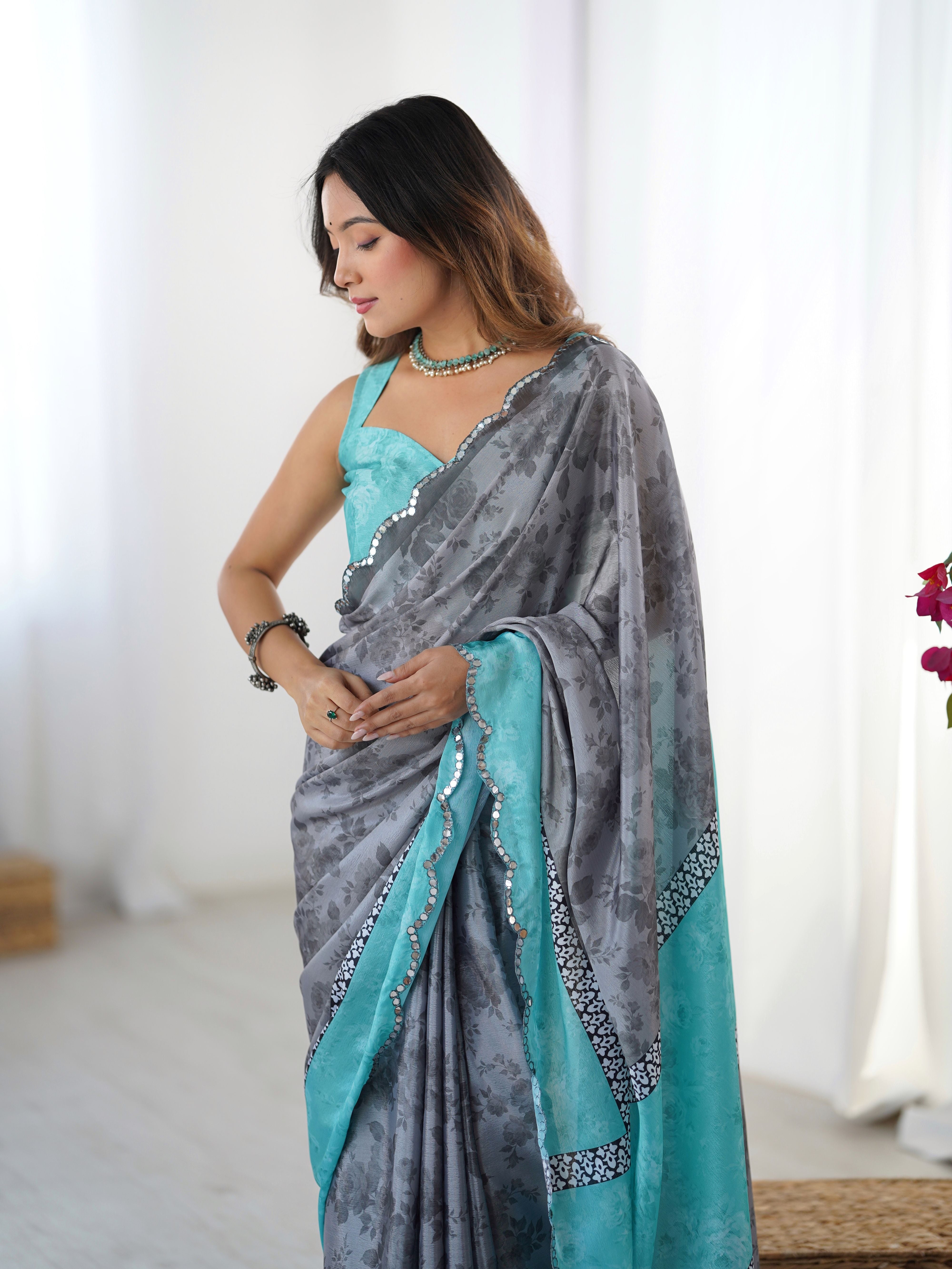 Grey Beautiful Chinon Smart Printed Festive Wear Ceremonial Saree