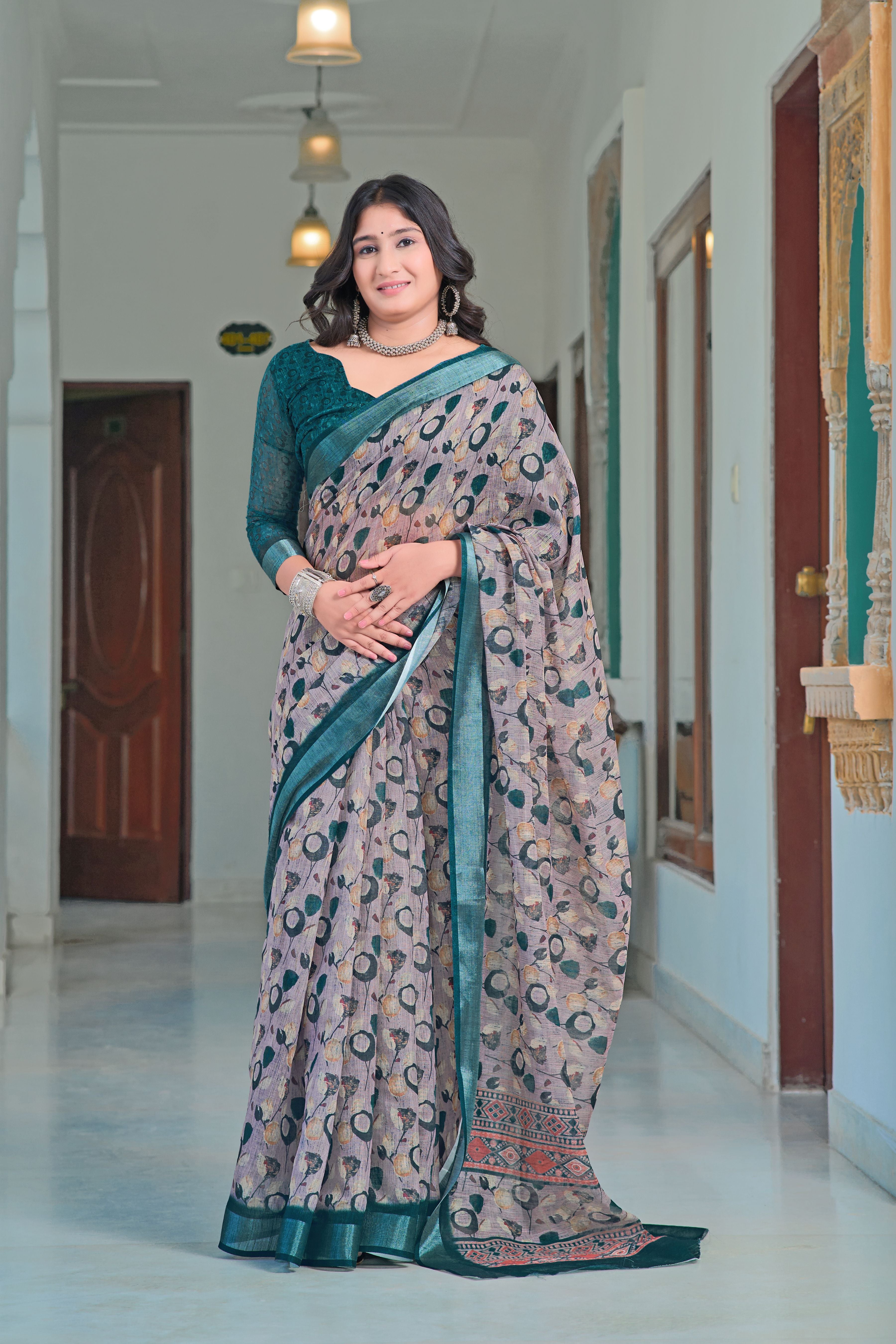 Grey Beautiful Linen Cotton Designer Festive Wear Saree