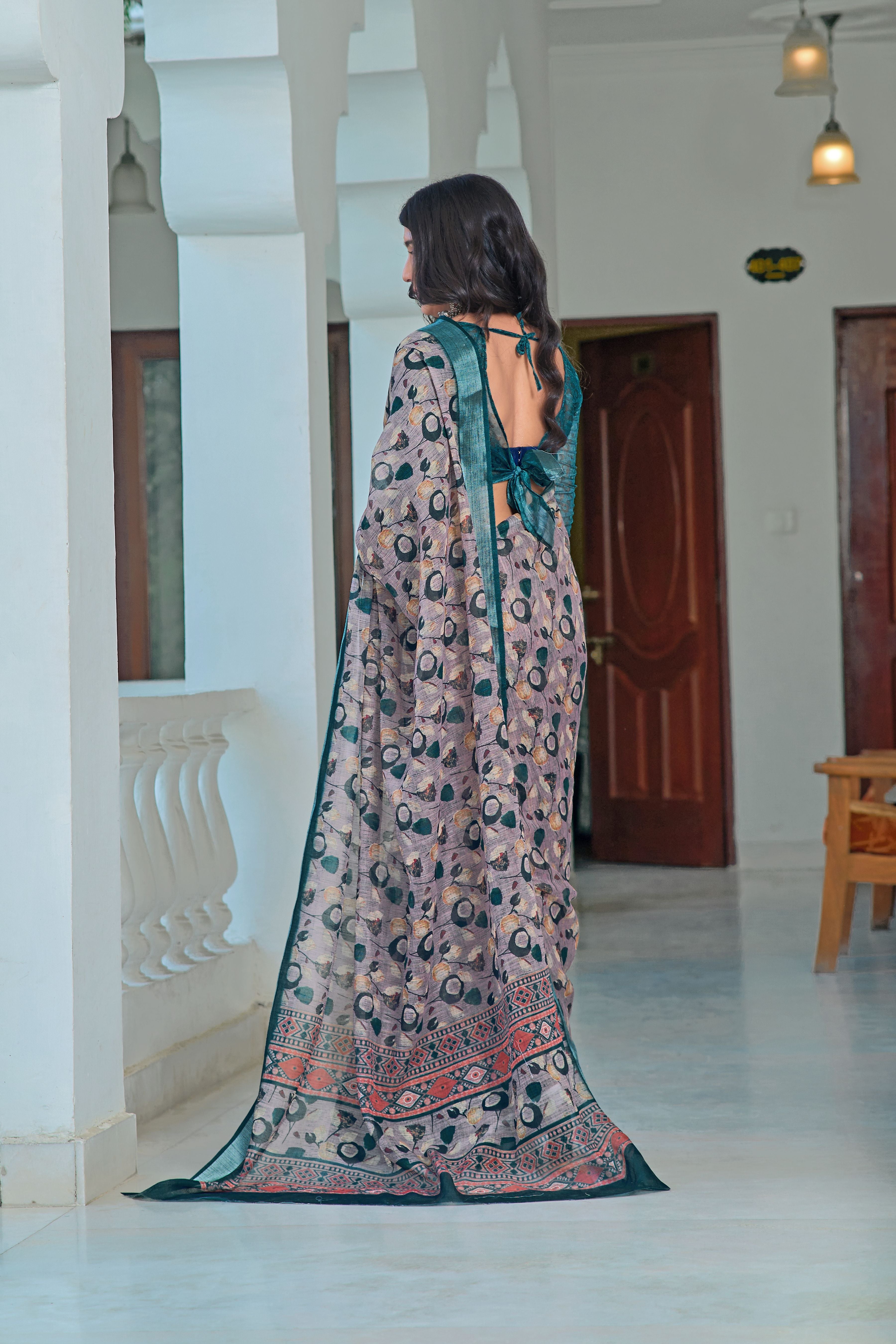 Grey Beautiful Linen Cotton Designer Festive Wear Saree