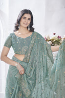 Grey Beautiful Tissue Net Sequins Work Saree