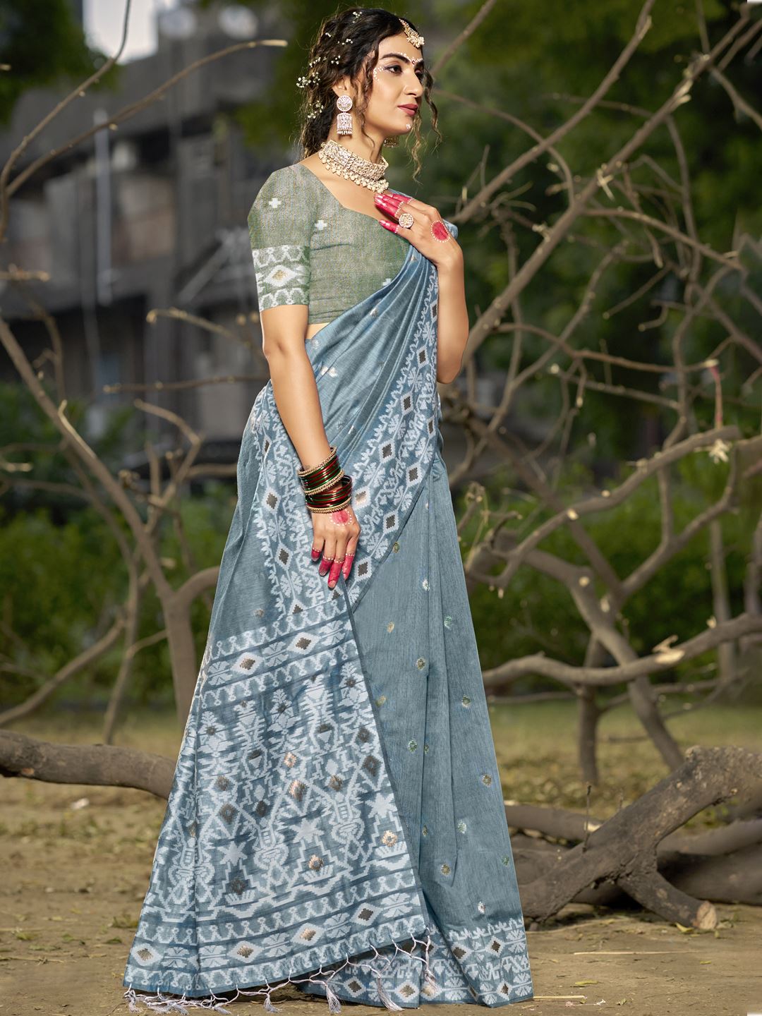Grey Blended Linen Cotton Saree