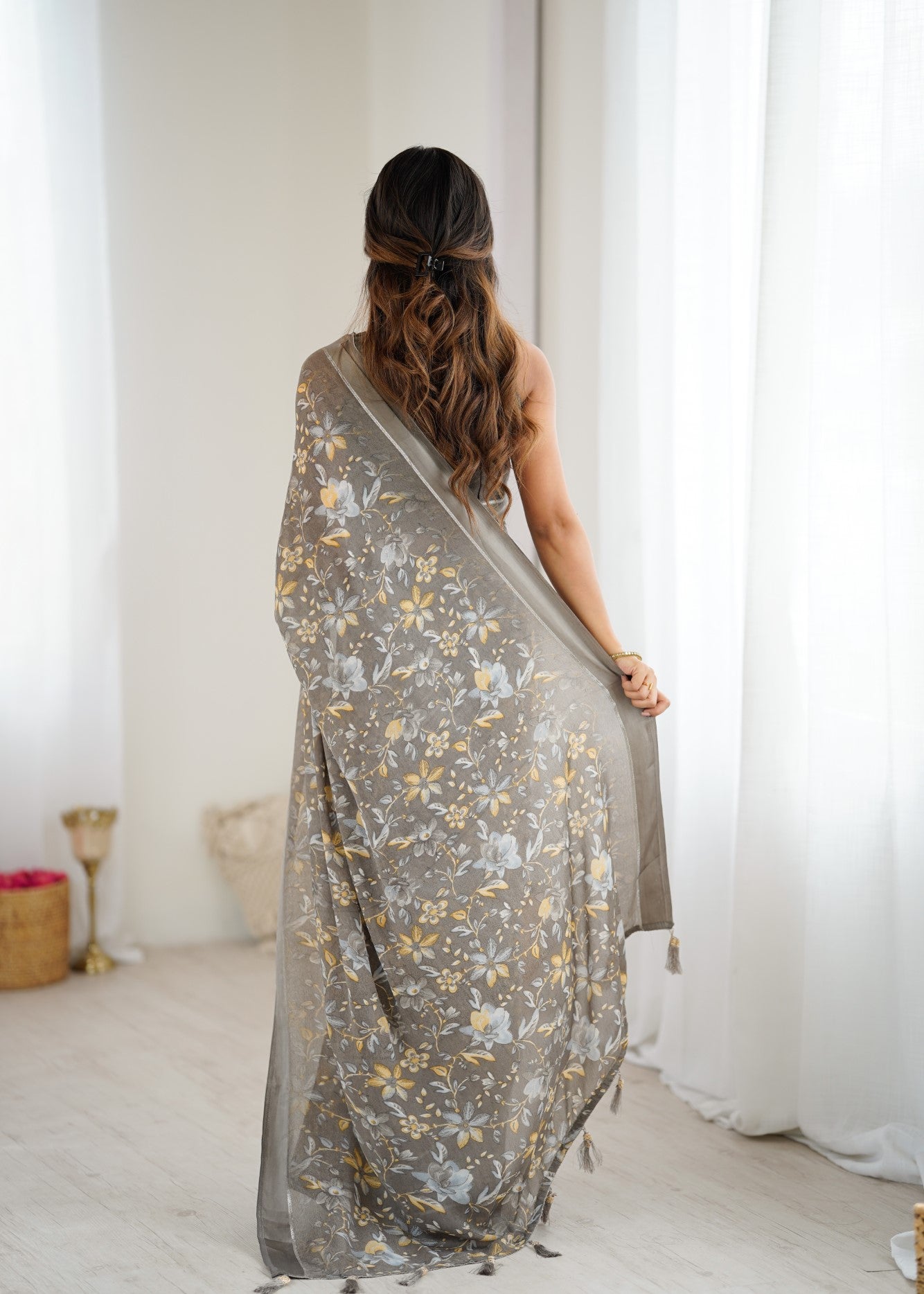 Grey Bright Moss Satin Patta Saree With Embroidery Work