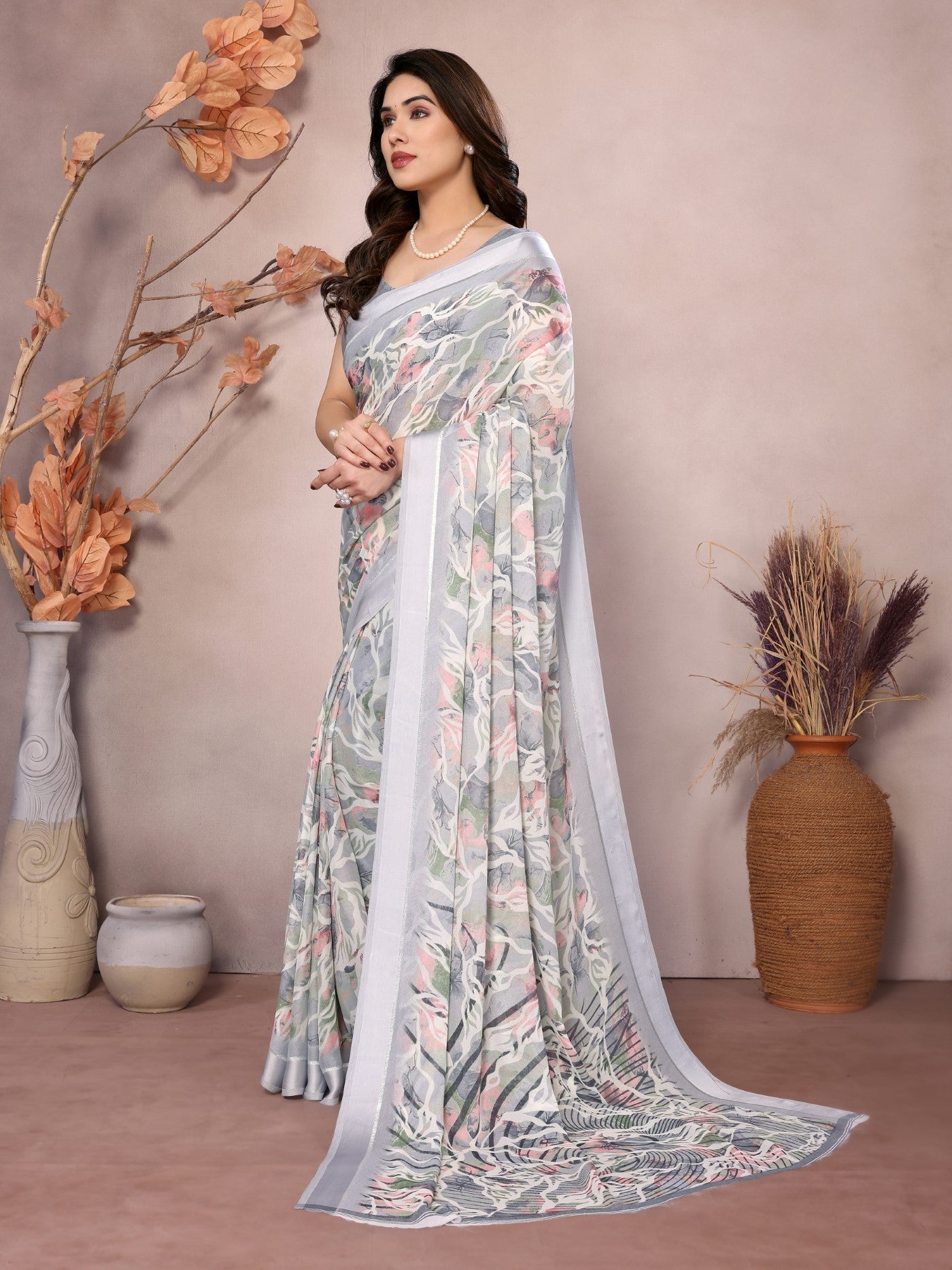 Grey Bright Moss Satin Patta Saree With Printed