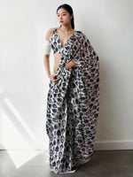 Grey Chinnon Digital Print & Lace Border Trendy Ready To Wear Saree