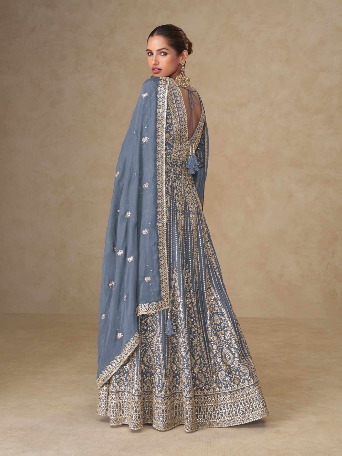 Grey Chinon Designer Suit Set With Elegant Embroidery
